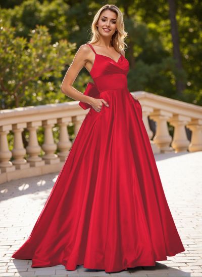 Unique V-Neck A-Line Sweep Train Satin Prom Dresses With Bow(s)