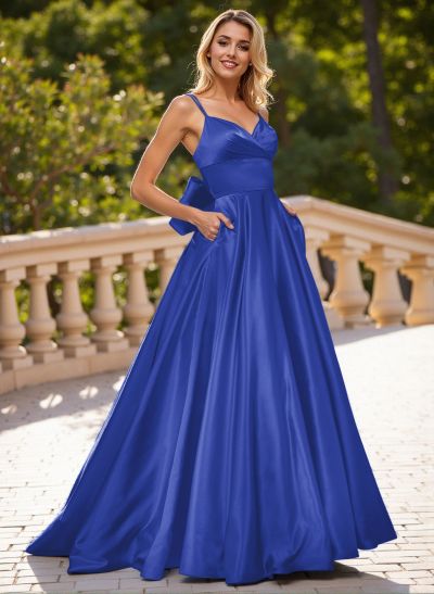 Unique V-Neck A-Line Sweep Train Satin Prom Dresses With Bow(s)