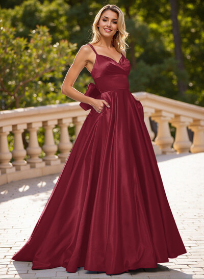 Unique V-Neck A-Line Sweep Train Satin Prom Dresses With Bow(s)