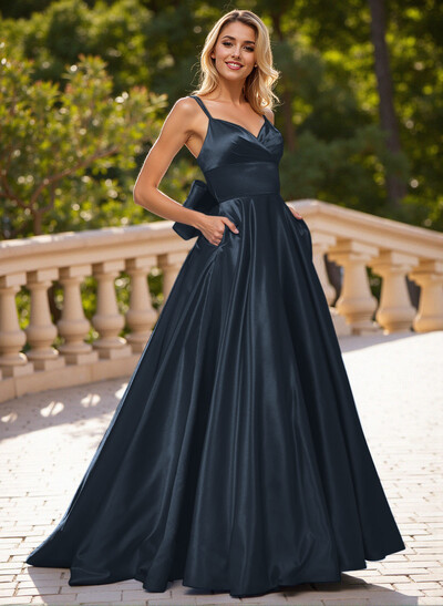 Unique V-Neck A-Line Sweep Train Satin Prom Dresses With Bow(s)