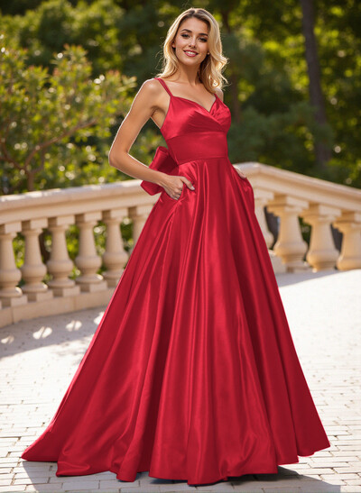 Unique V-Neck A-Line Sweep Train Satin Prom Dresses With Bow(s)