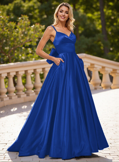 Unique V-Neck A-Line Sweep Train Satin Prom Dresses With Bow(s)