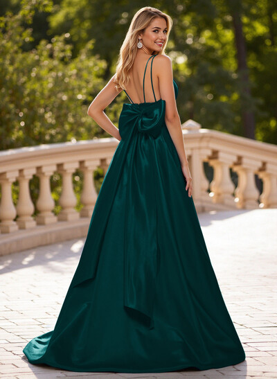 Unique V-Neck A-Line Sweep Train Satin Prom Dresses With Bow(s)