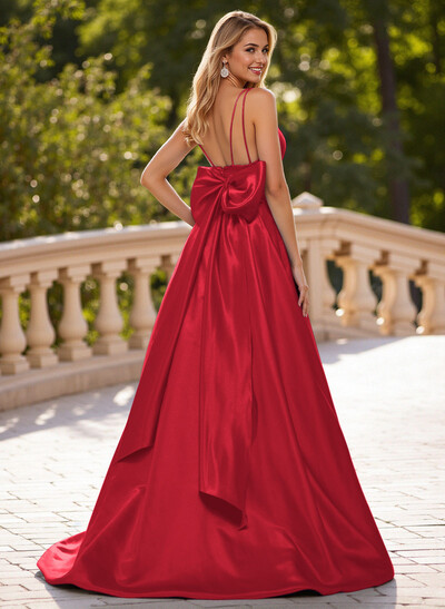 Unique V-Neck A-Line Sweep Train Satin Prom Dresses With Bow(s)