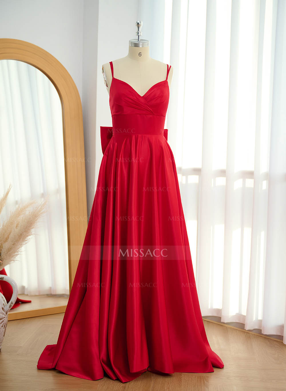 Unique V-Neck A-Line Sweep Train Satin Prom Dresses With Bow(s)