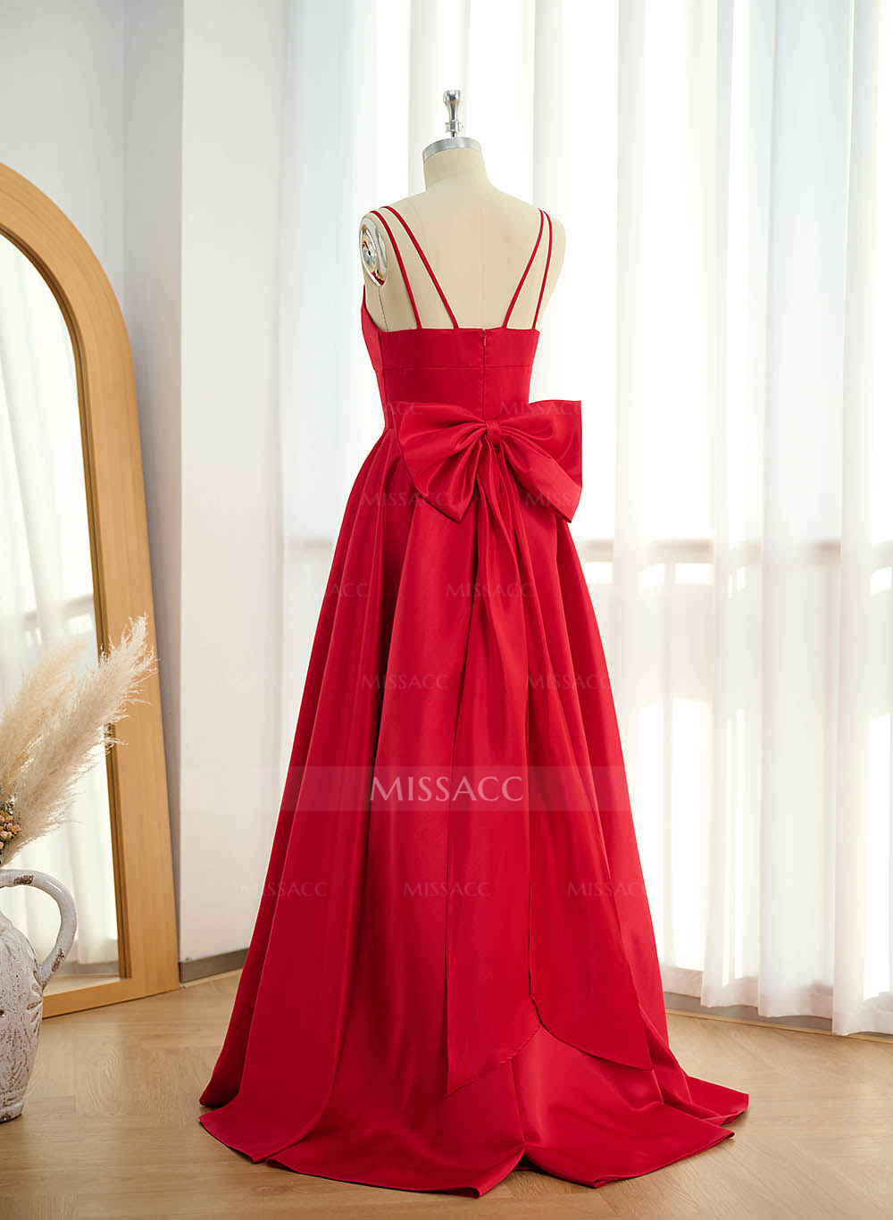 Unique V-Neck A-Line Sweep Train Satin Prom Dresses With Bow(s)