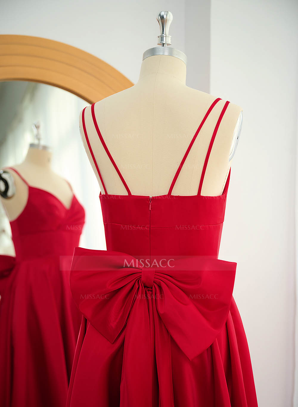 Unique V-Neck A-Line Sweep Train Satin Prom Dresses With Bow(s)