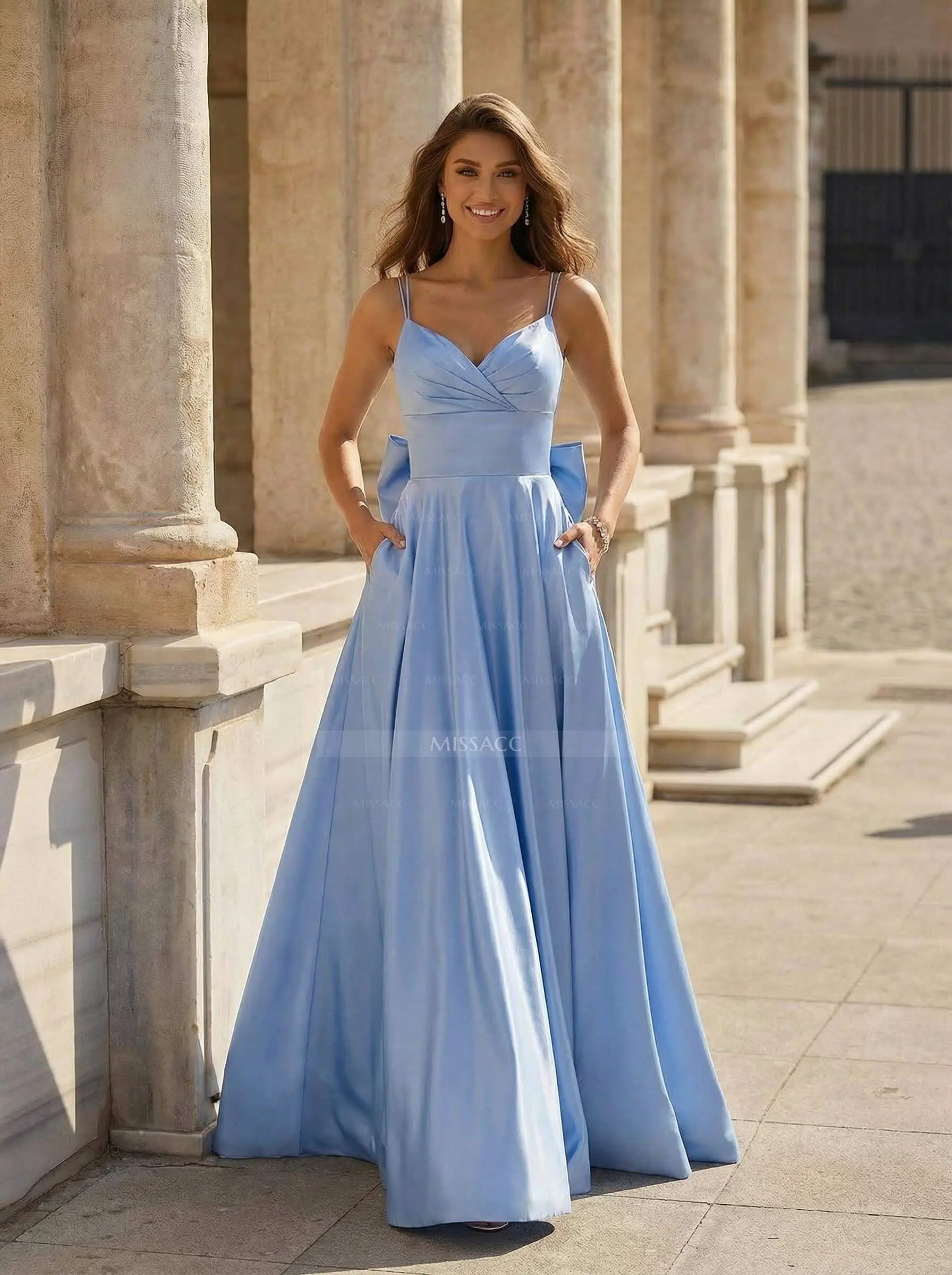 a line sweep train prom dress A-Line Straps Sweep Train Satin Prom Dress With Beading PG402 US4 / As Picture main image 0