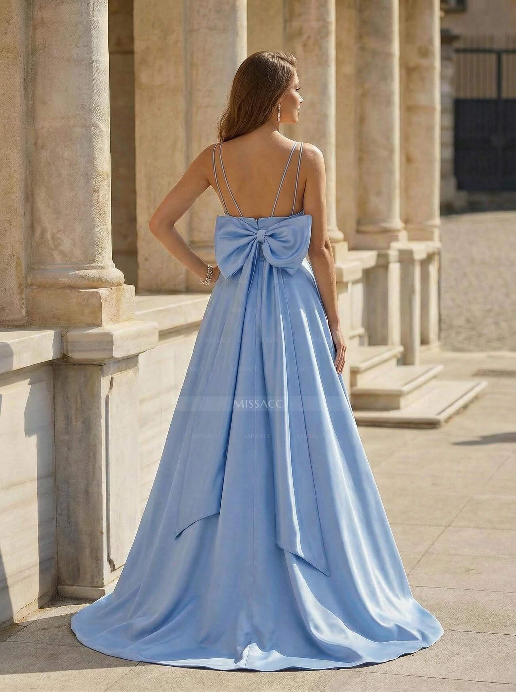 Unique V-Neck A-Line Sweep Train Satin Prom Dresses With Bow(s)