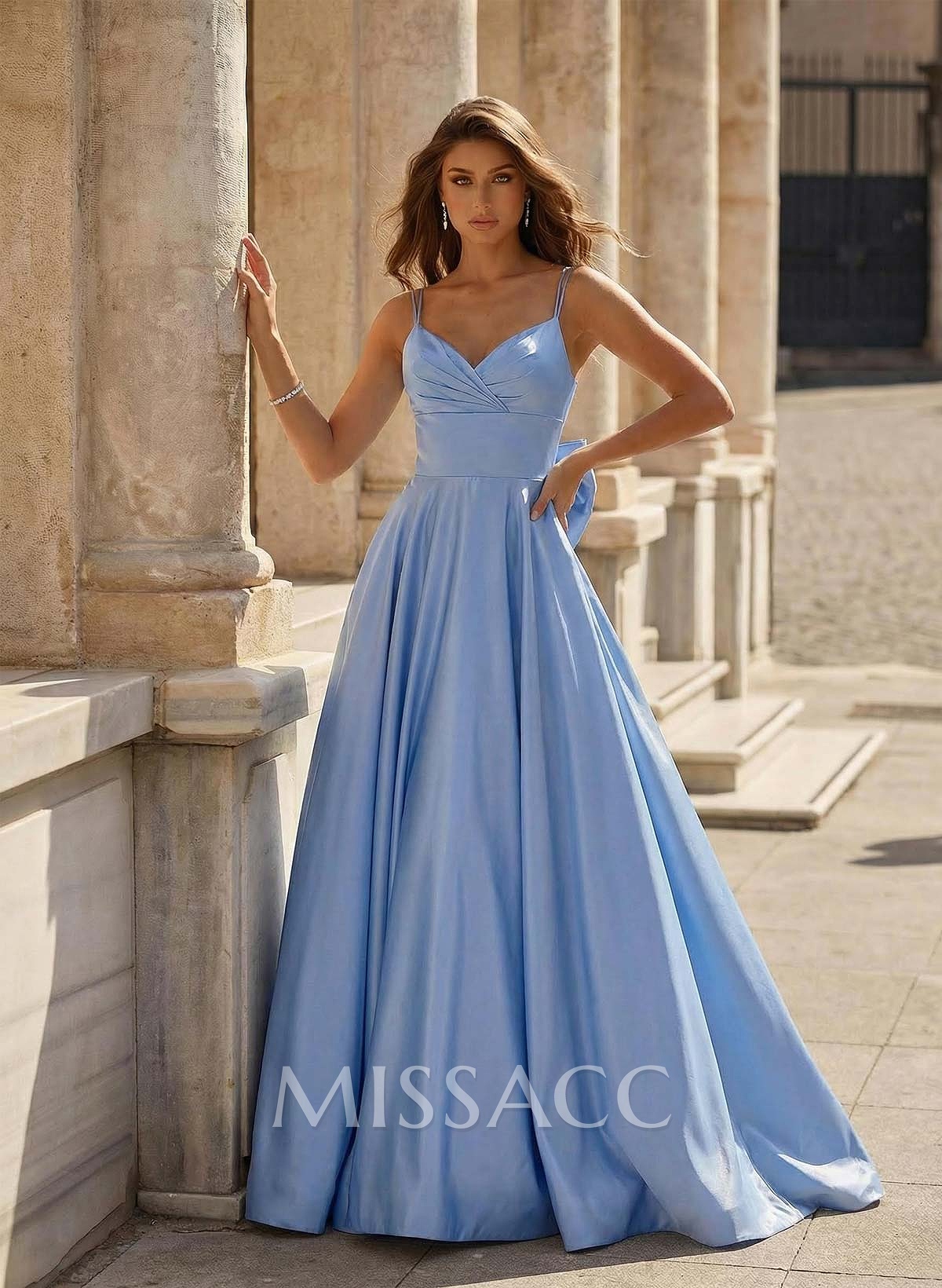 Unique V-Neck A-Line Sweep Train Satin Prom Dresses With Bow(s) Unique V-Neck A-Line Sweep Train Satin Prom Dresses With Bow(s)