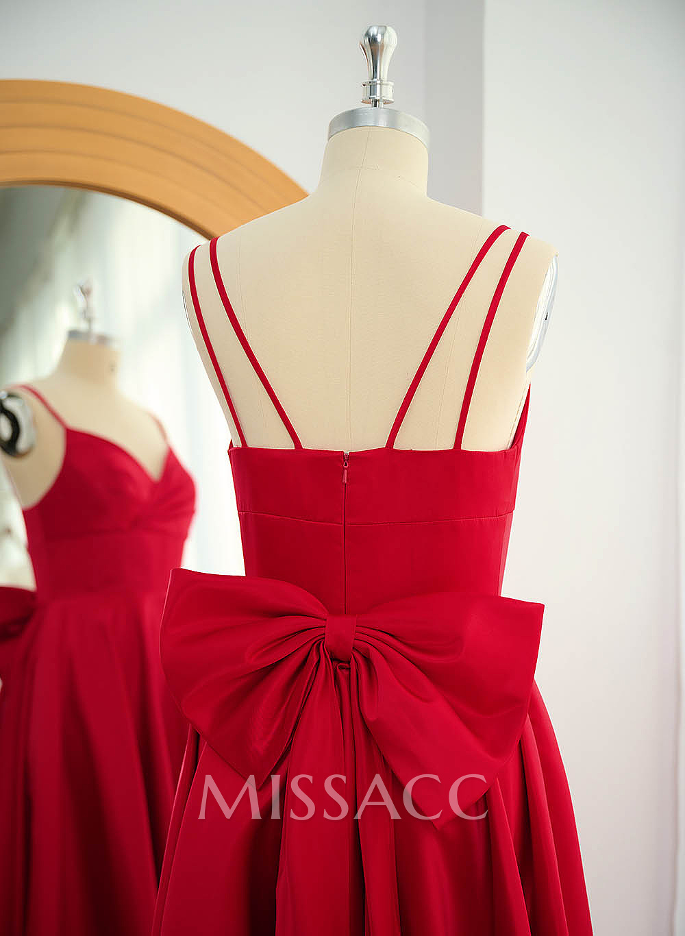Unique V-Neck A-Line Sweep Train Satin Prom Dresses With Bow(s) Unique V-Neck A-Line Sweep Train Satin Prom Dresses With Bow(s)