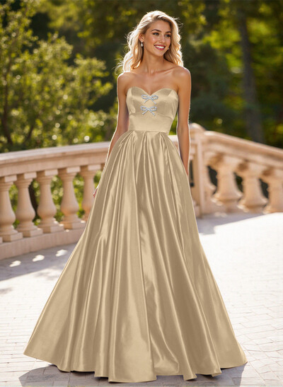 Elegant Sweetheart A-Line Floor-Length Satin Prom Dresses With Bow(s)