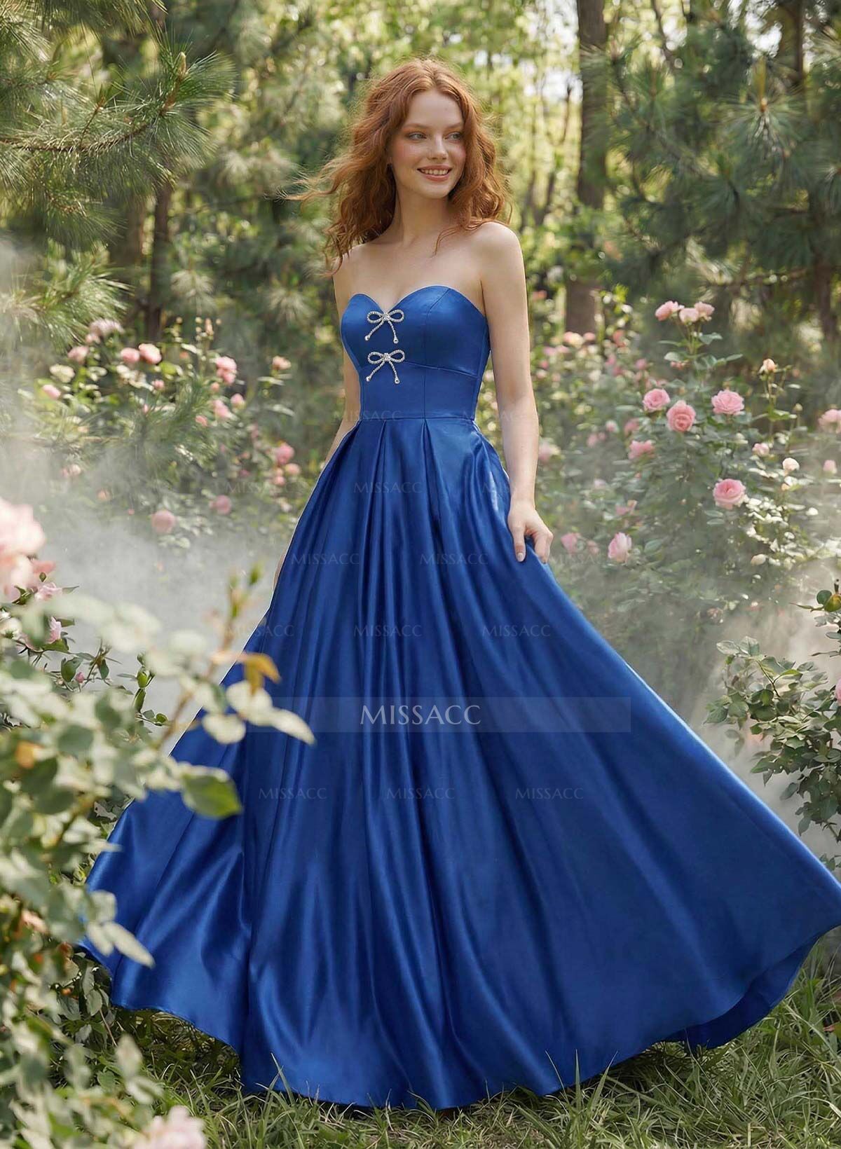 Elegant Sweetheart A-Line Floor-Length Satin Prom Dresses With Bow(s)