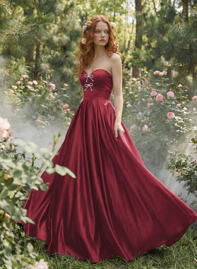 Elegant Sweetheart A-Line Floor-Length Satin Prom Dresses With Bow(s)