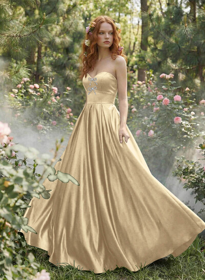Elegant Sweetheart A-Line Floor-Length Satin Prom Dresses With Bow(s)