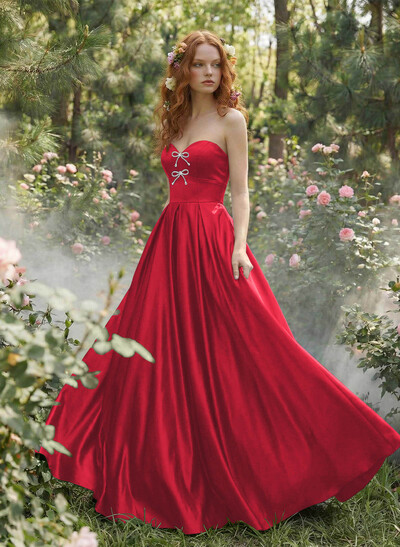 Elegant Sweetheart A-Line Floor-Length Satin Prom Dresses With Bow(s)