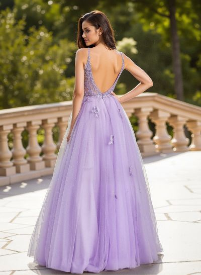 Dreamy V-Neck Illusion Corset A-Line Floor-Length Lace/Tulle Prom Dresses