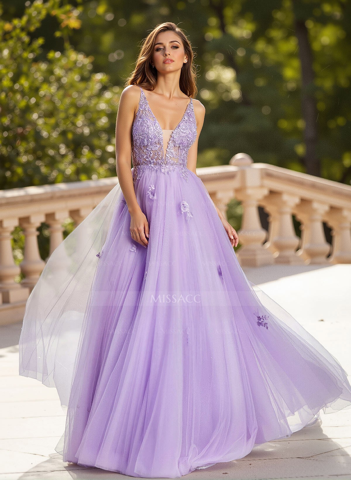 Dreamy V-Neck Illusion Corset A-Line Floor-Length Lace/Tulle Prom Dresses