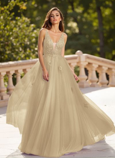 Dreamy V-Neck Illusion Corset A-Line Floor-Length Lace/Tulle Prom Dresses