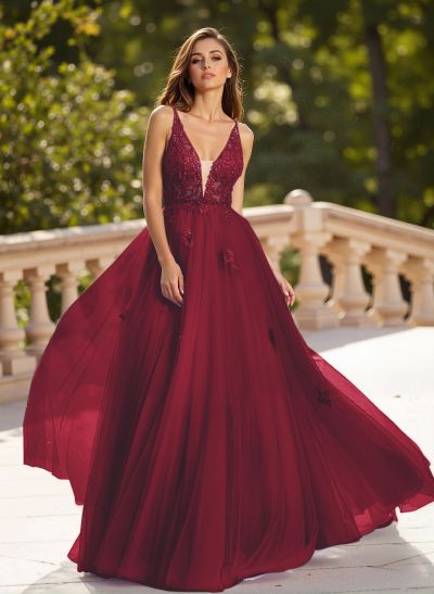 Dreamy V-Neck Illusion Corset A-Line Floor-Length Lace/Tulle Prom Dresses