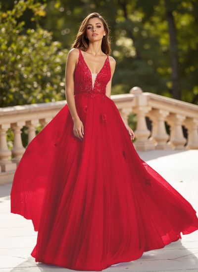 Dreamy V-Neck Illusion Corset A-Line Floor-Length Lace/Tulle Prom Dresses