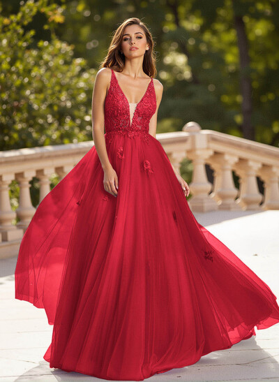 Dreamy V-Neck Illusion Corset A-Line Floor-Length Lace/Tulle Prom Dresses