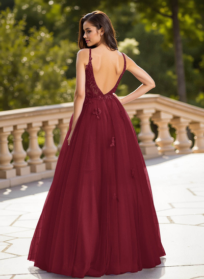 Dreamy V-Neck Illusion Corset A-Line Floor-Length Lace/Tulle Prom Dresses