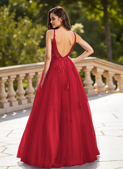 Dreamy V-Neck Illusion Corset A-Line Floor-Length Lace/Tulle Prom Dresses
