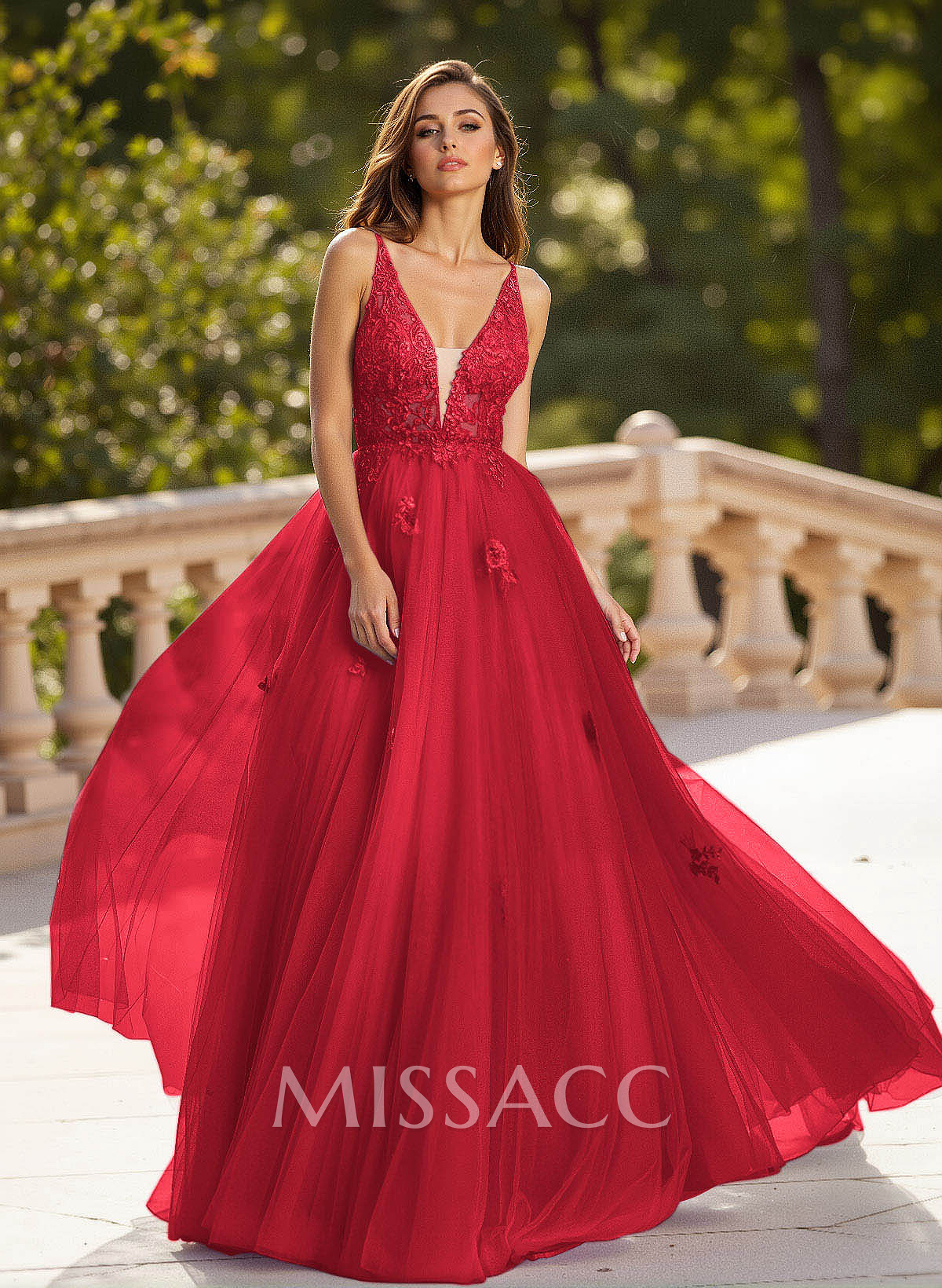 Dreamy V-Neck Illusion Corset A-Line Floor-Length Lace/Tulle Prom Dresses