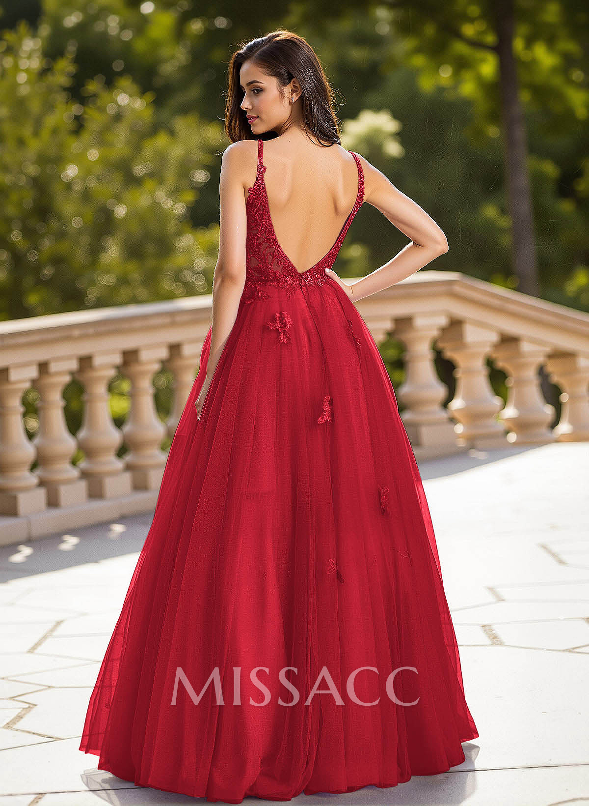 Dreamy V-Neck Illusion Corset A-Line Floor-Length Lace/Tulle Prom Dresses