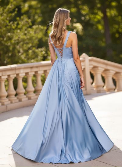 Classic V-Neck Sleeveless A-Line Sweep Train Satin Prom Dresses