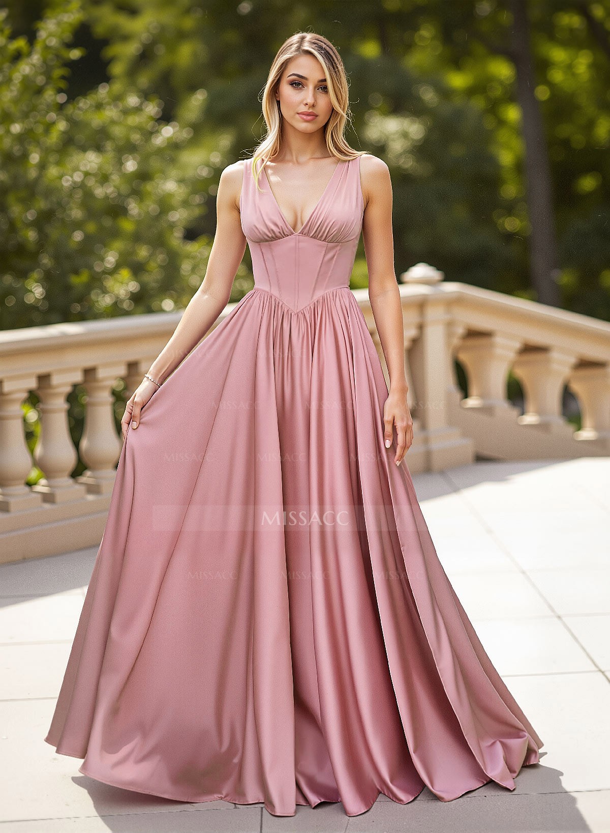 Classic V-Neck Sleeveless A-Line Sweep Train Satin Prom Dresses