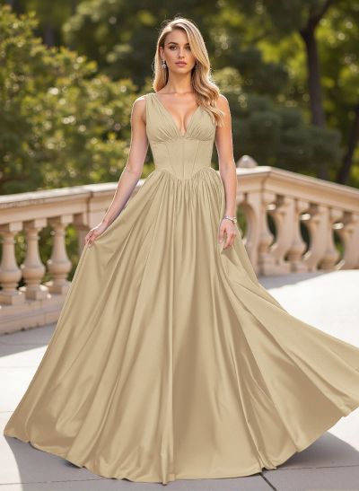 Classic V-Neck Sleeveless A-Line Sweep Train Satin Prom Dresses