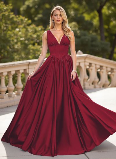 Classic V-Neck Sleeveless A-Line Sweep Train Satin Prom Dresses