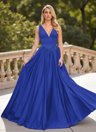 Classic V-Neck Sleeveless A-Line Sweep Train Satin Prom Dresses