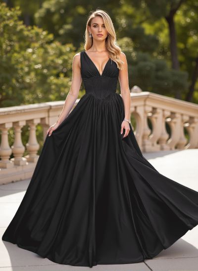 Classic V-Neck Sleeveless A-Line Sweep Train Satin Prom Dresses