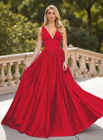 Classic V-Neck Sleeveless A-Line Sweep Train Satin Prom Dresses