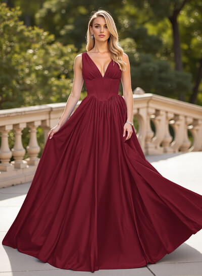 Classic V-Neck Sleeveless A-Line Sweep Train Satin Prom Dresses