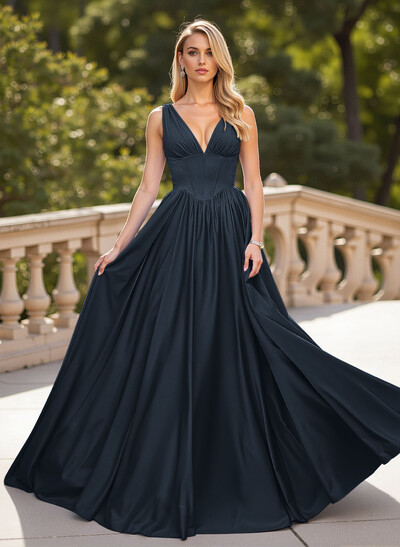 Classic V-Neck Sleeveless A-Line Sweep Train Satin Prom Dresses