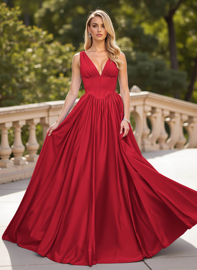 Classic V-Neck Sleeveless A-Line Sweep Train Satin Prom Dresses