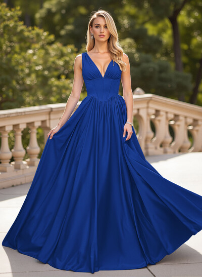 Classic V-Neck Sleeveless A-Line Sweep Train Satin Prom Dresses