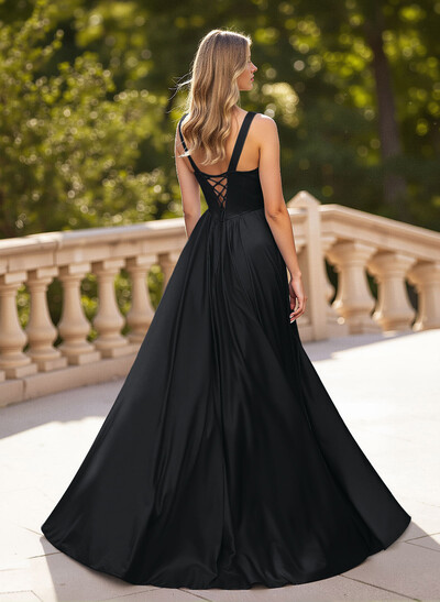 Classic V-Neck Sleeveless A-Line Sweep Train Satin Prom Dresses