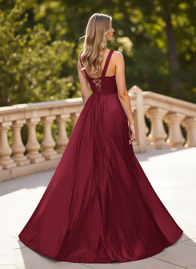 Classic V-Neck Sleeveless A-Line Sweep Train Satin Prom Dresses
