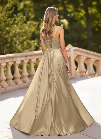 Classic V-Neck Sleeveless A-Line Sweep Train Satin Prom Dresses