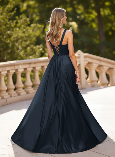 Classic V-Neck Sleeveless A-Line Sweep Train Satin Prom Dresses