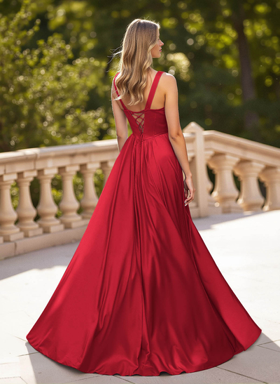 Classic V-Neck Sleeveless A-Line Sweep Train Satin Prom Dresses