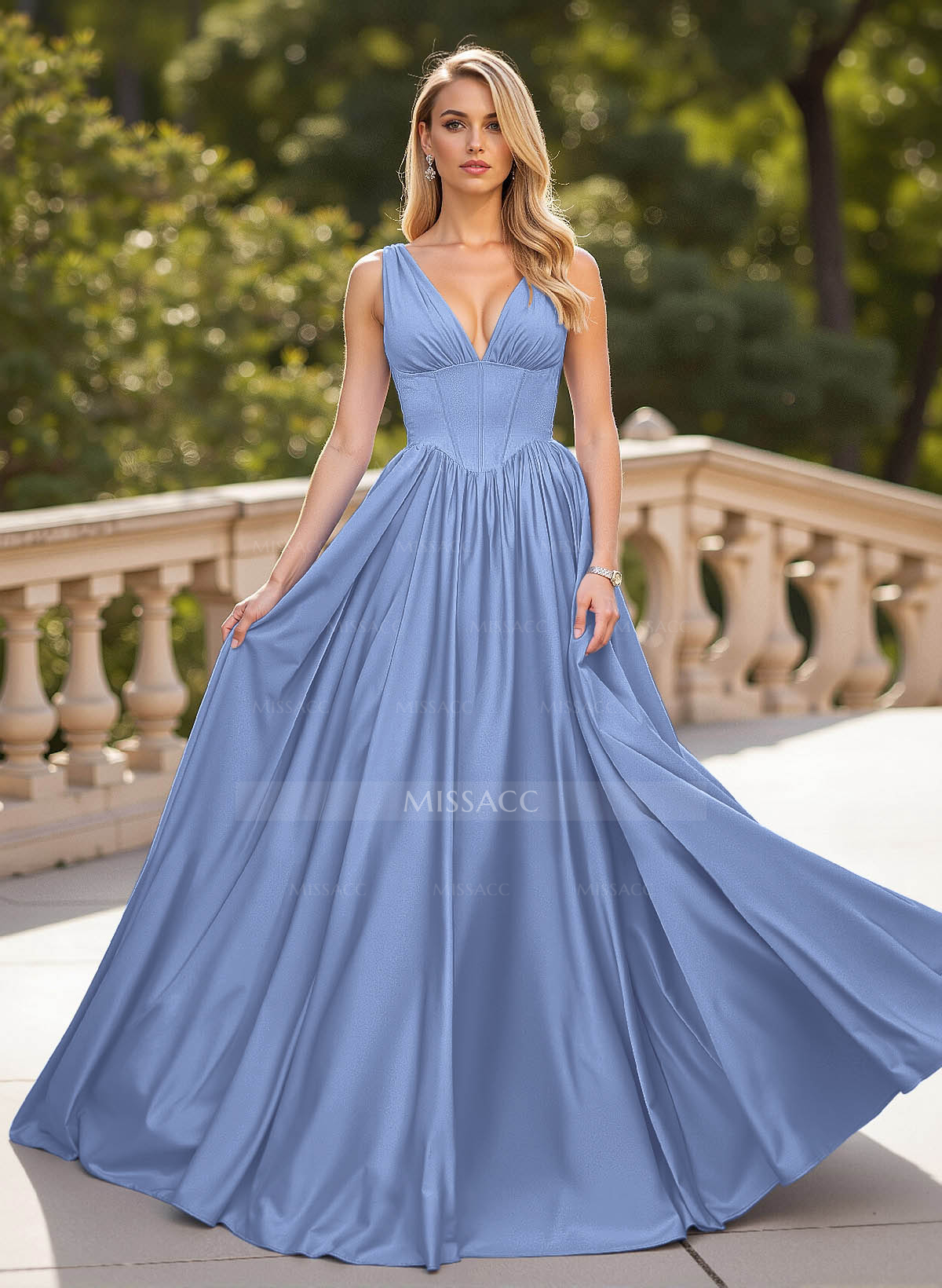 Classic V-Neck Sleeveless A-Line Sweep Train Satin Prom Dresses