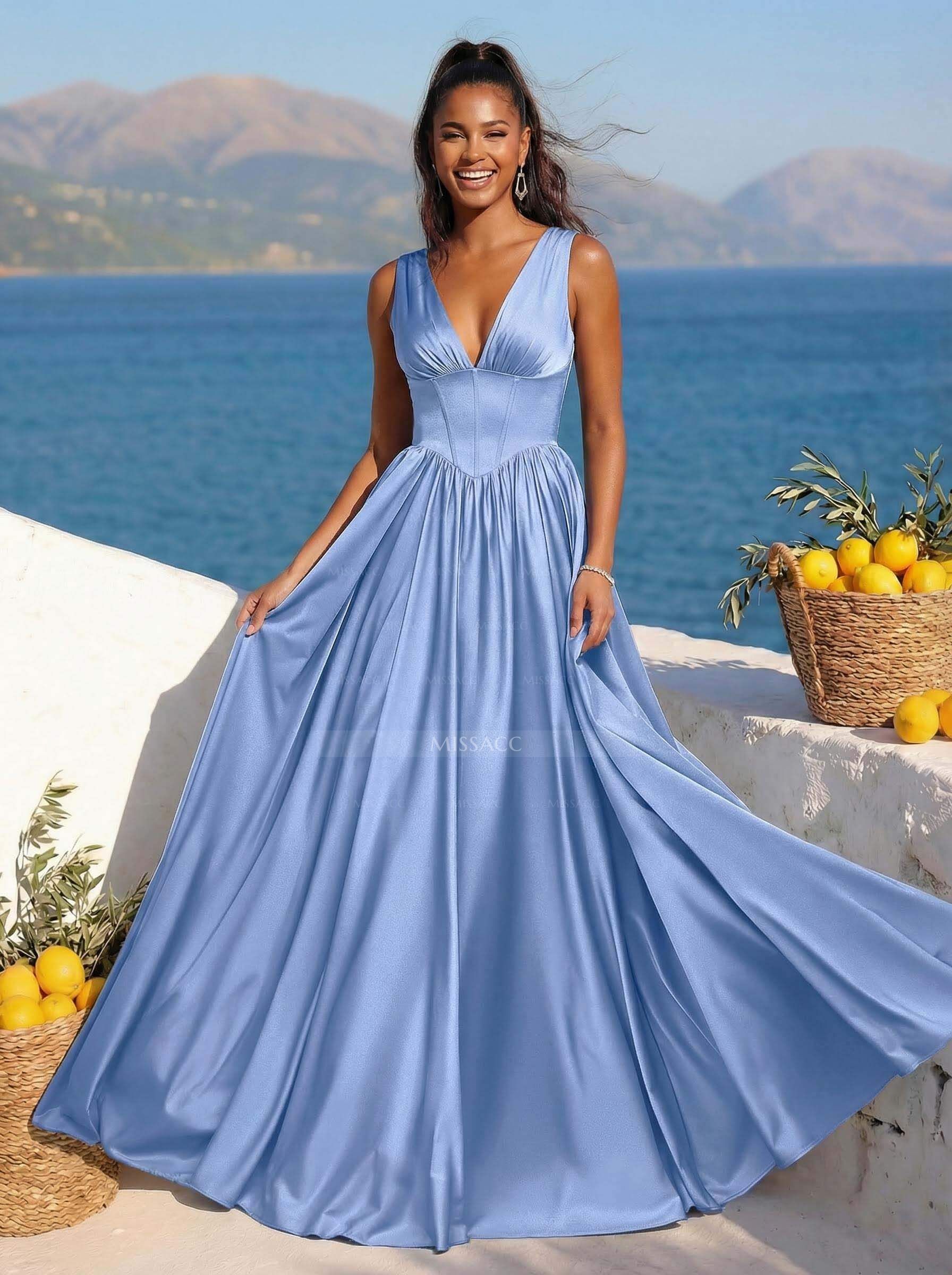 Classic V-Neck Sleeveless A-Line Sweep Train Stretch Satin Prom Dresses