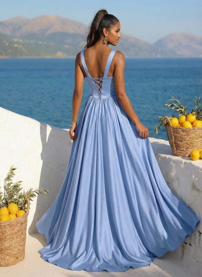 Classic V-Neck Sleeveless A-Line Sweep Train Stretch Satin Prom Dresses