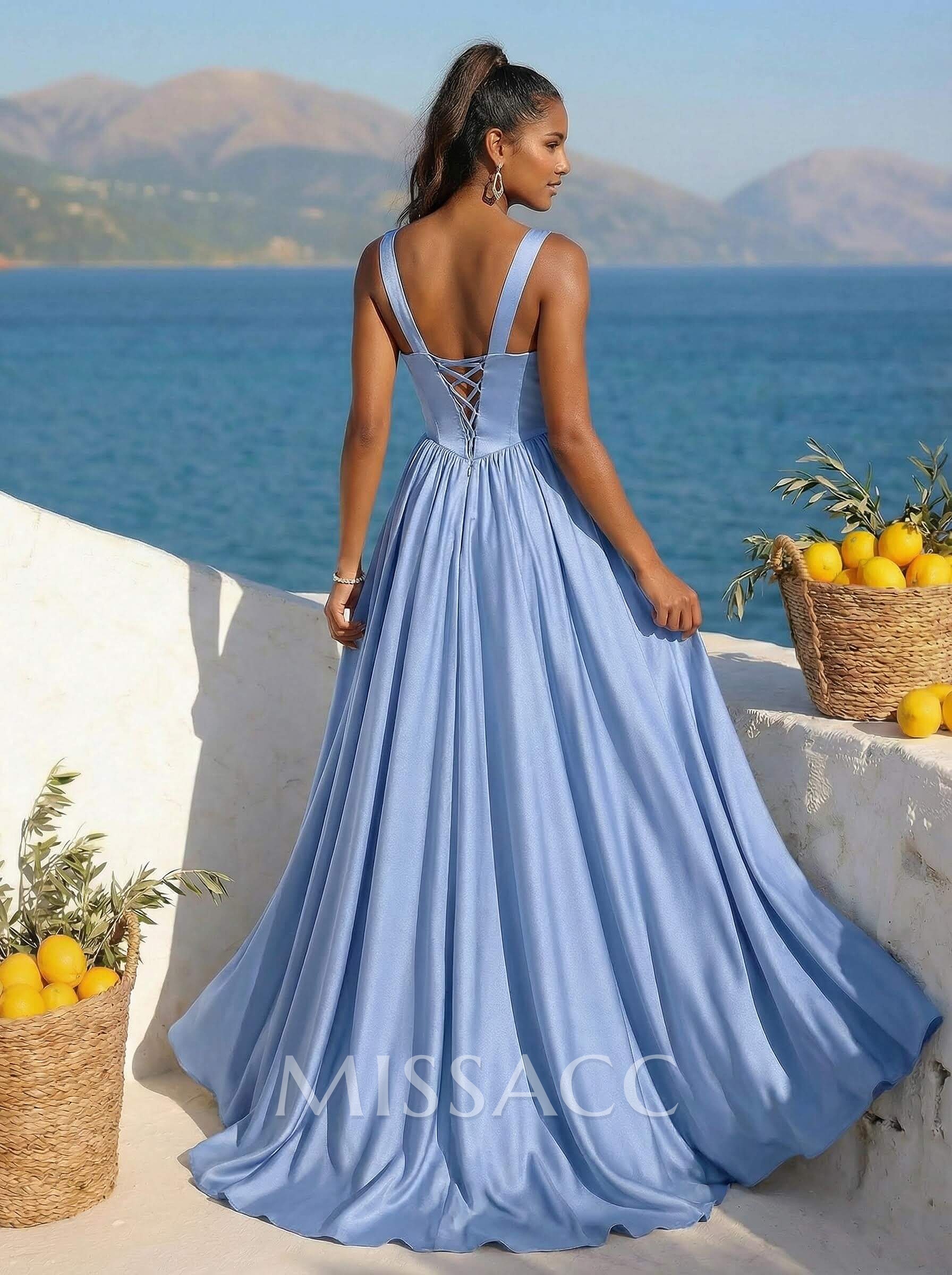 Classic V-Neck Sleeveless A-Line Sweep Train Stretch Satin Prom Dresses